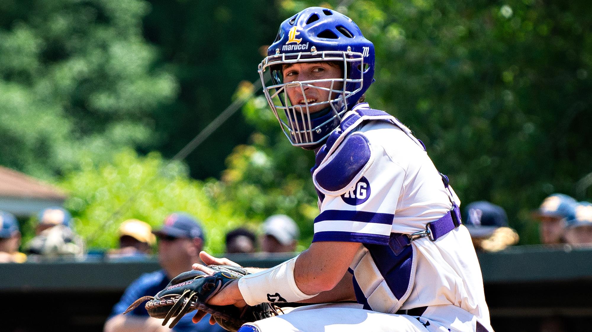 LSU Eunice catcher wearing Marucci catcher's helmet, college catcher wearing marucci catcher's gear