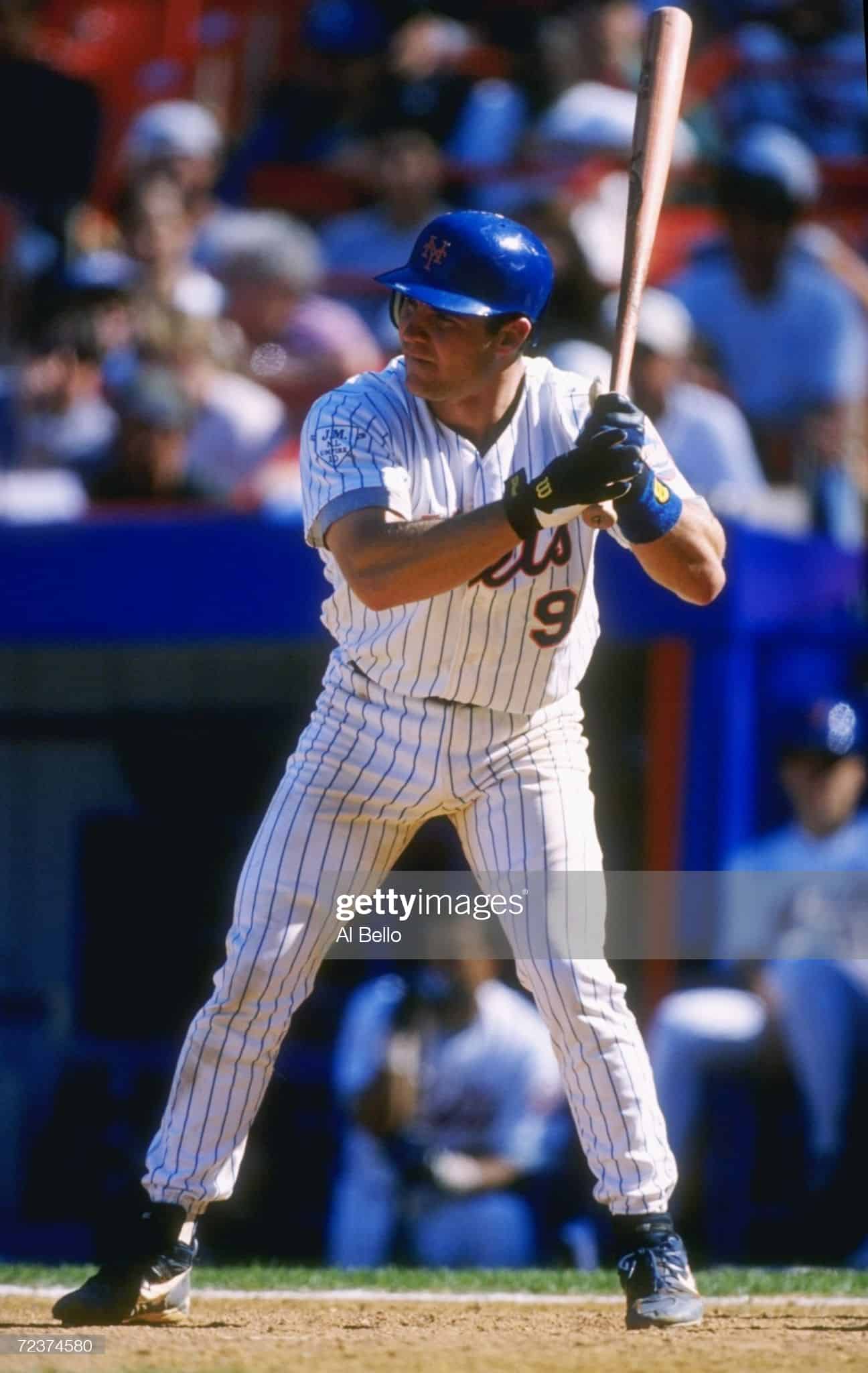 Former New York Mets catcher Todd Hundley batting during a May 25, 1996 game against the Padres at Shea Stadium