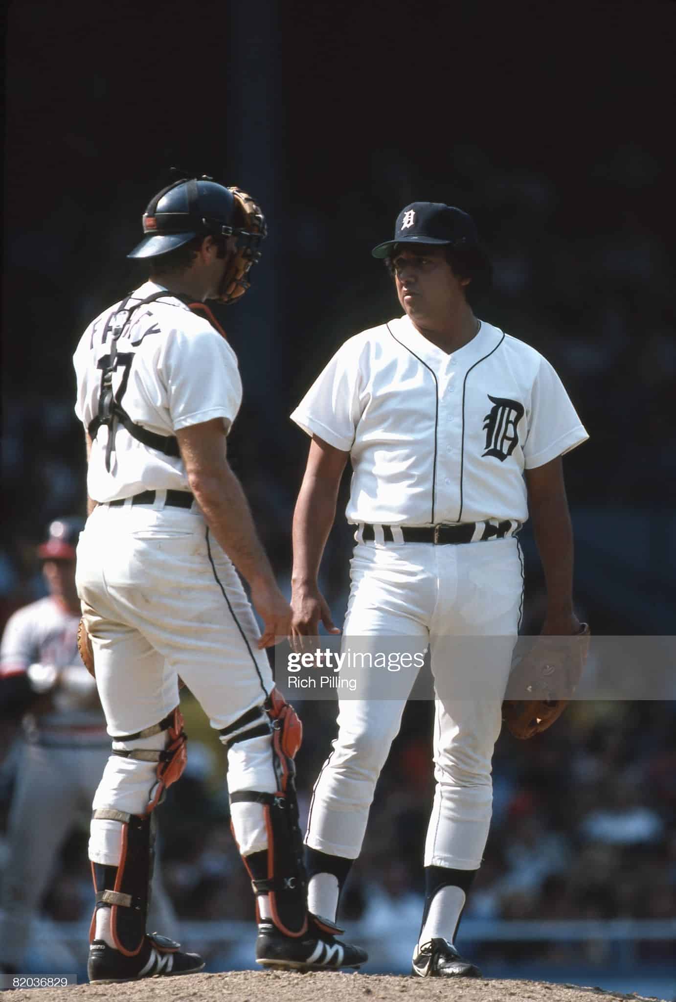 1981 Detroit Tigers meeting at the mound at Tiger Stadium, pitcher and catcher